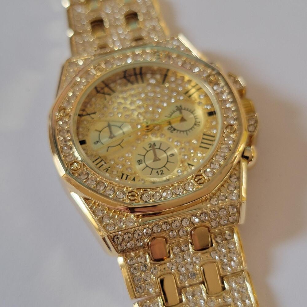Gold Tone Rhinestone Key Ring Watch Mens Roman Numeral Dial Box Jewelry Gift